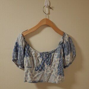 Hollister Blue and White Puff Sleeve Crop Blouse